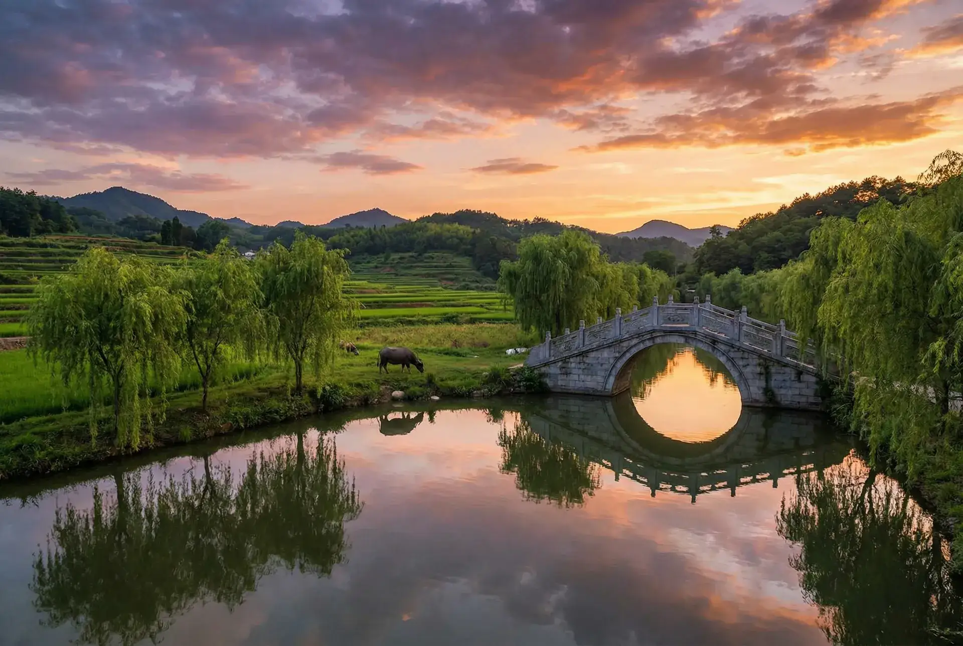 夕阳下的石拱桥与垂柳，水牛在河边吃草 - 交换:朋友的妻子 电影 乡村美景